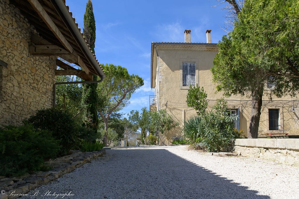 Chemin entre deux maisons en pierre au domaine de la Baraque de Sérignac, paysage verdoyant et architecture méridionale très entretenue